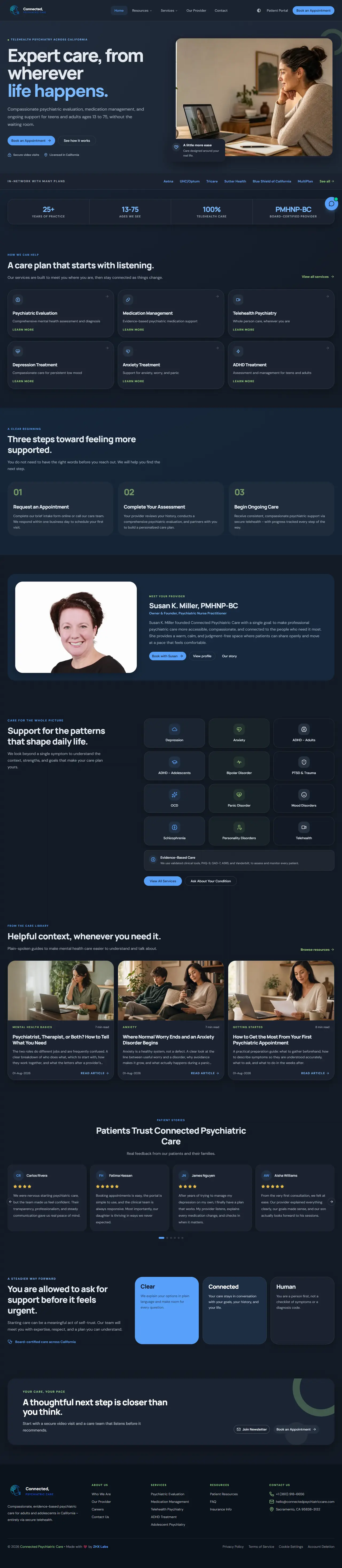 Connected Psychiatric Care home page with telehealth booking and insurance plans