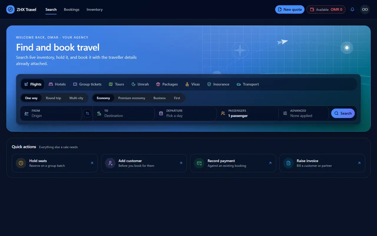 ZHX Travel search across flights, hotels, group tickets, tours, Umrah, packages and visas
